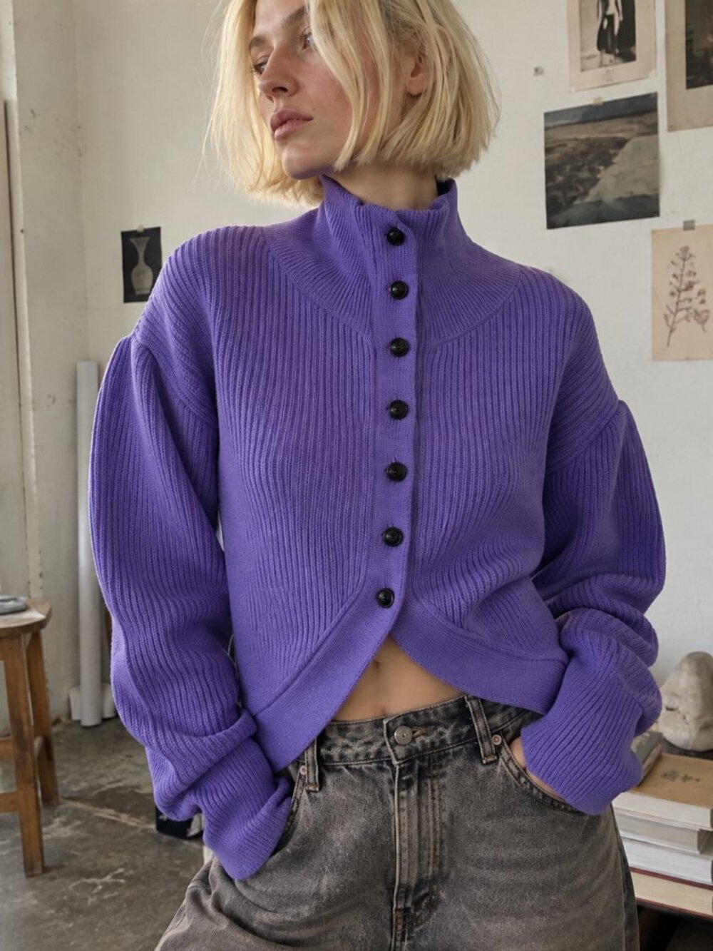 YCH Purple Highneck Hemline Cropped Wool Cardigan Sweater M